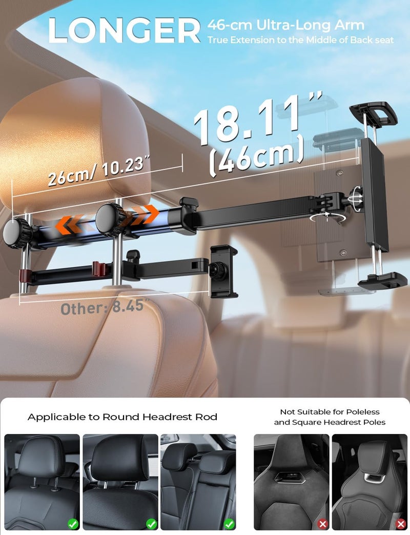 Tryone حامل جهاز لوحي لمساند الرأس لملحقات السيارة : [ذراع طويلة 18.11 بوصة] حامل جهاز لوحي ثلاثي الأبعاد لمقاعد السيارة للأطفال في رحلات الطريق متوافق مع آيباد وسويتش والهواتف الذكية والأجهزة اللوحية أو غيرها من الأجهزة من 4.7-13 بوصة - Image 3